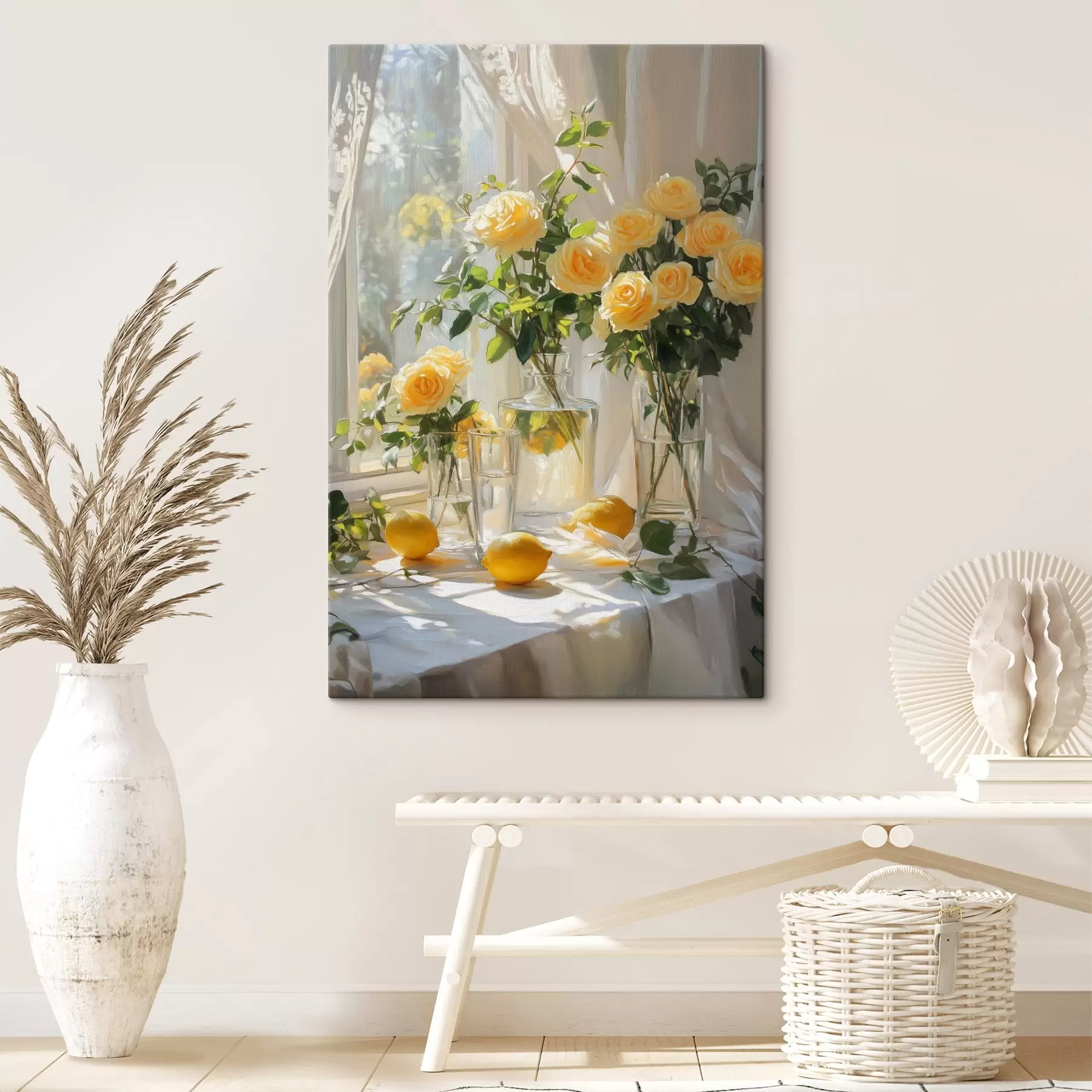 wall murals Roses in vases, oil style drawing, gentle sunlight, lemons, spring s43887