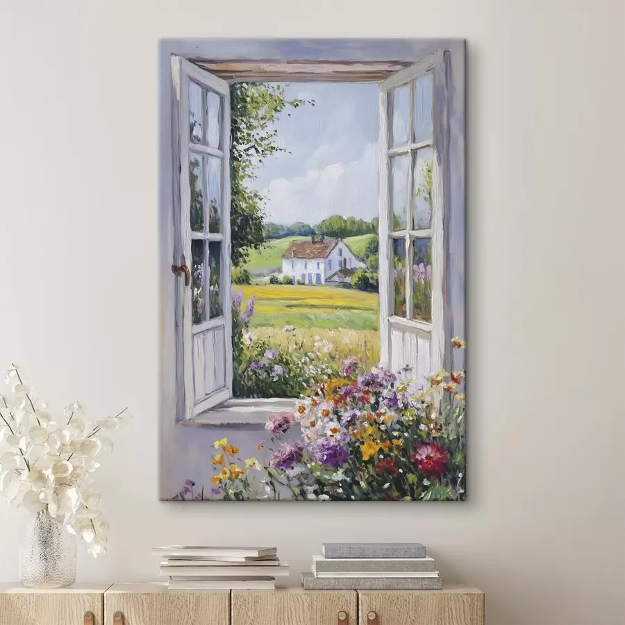 wall murals Village landscapes in the wooden window, flowers, fields, oil style, farm house s43888
