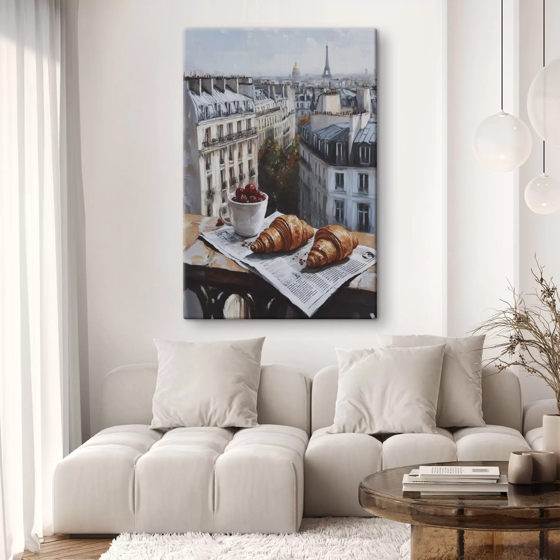 murales París por la mañana, café con croissants, vista de la ciudad, dibujo al óleo s43892