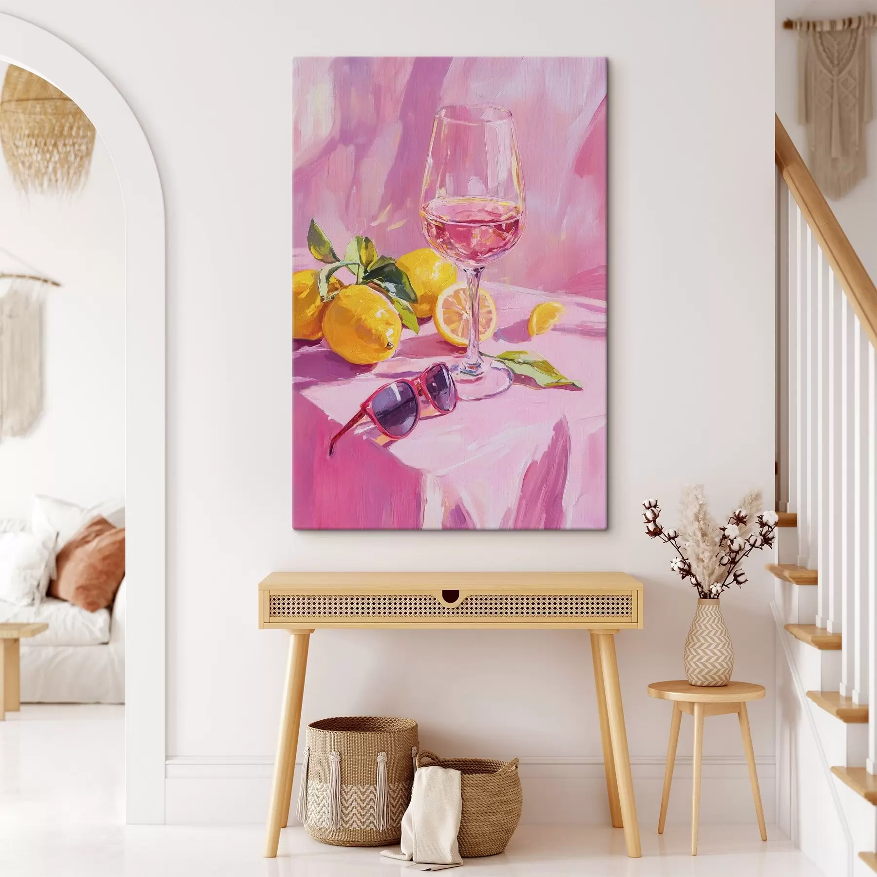 murales Copa de vino con limones, gafas de sol, abstracción, dibujo al óleo, colores rosas s43883