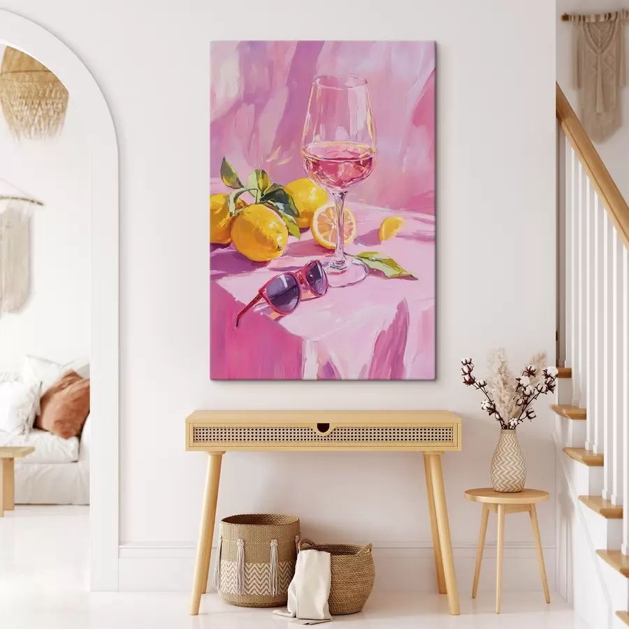 wall murals Glass of wine with lemons, sunglasses, abstraction, oil style drawing, pink colors s43883