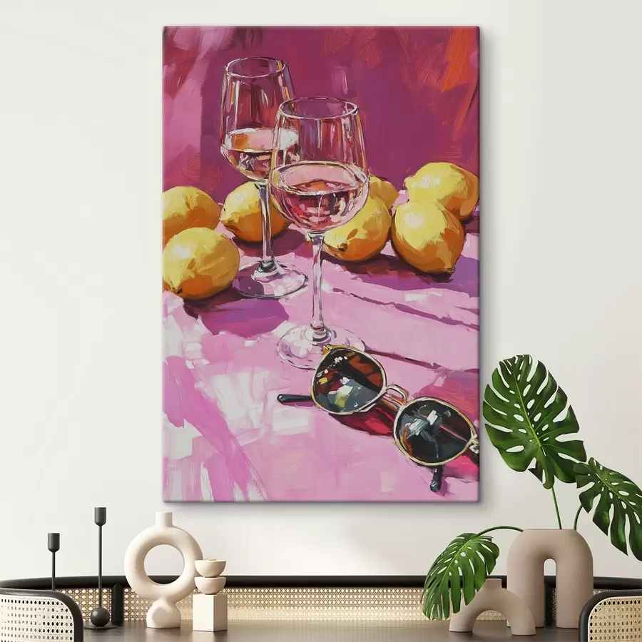 wall murals Oil style abstraction with glasses of beverage, lemons and sunglasses  s43884
