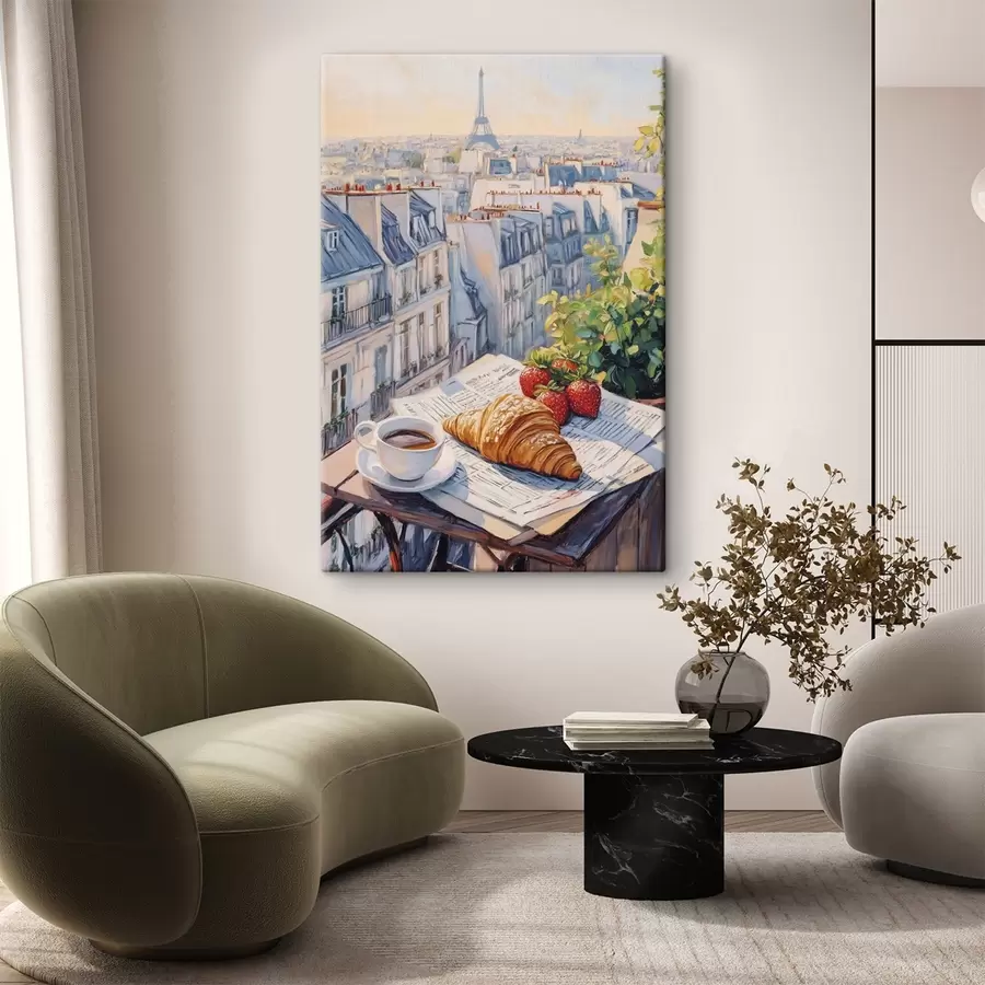 murales Amanecer en el balcón de París, Torre Eiffel, fresas, café, diario s43890