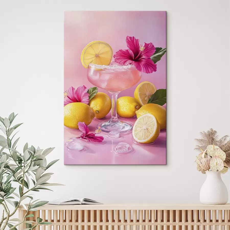 wall murals Summer cocktail with flowers and lemons, pink colors, watercolor style s43895