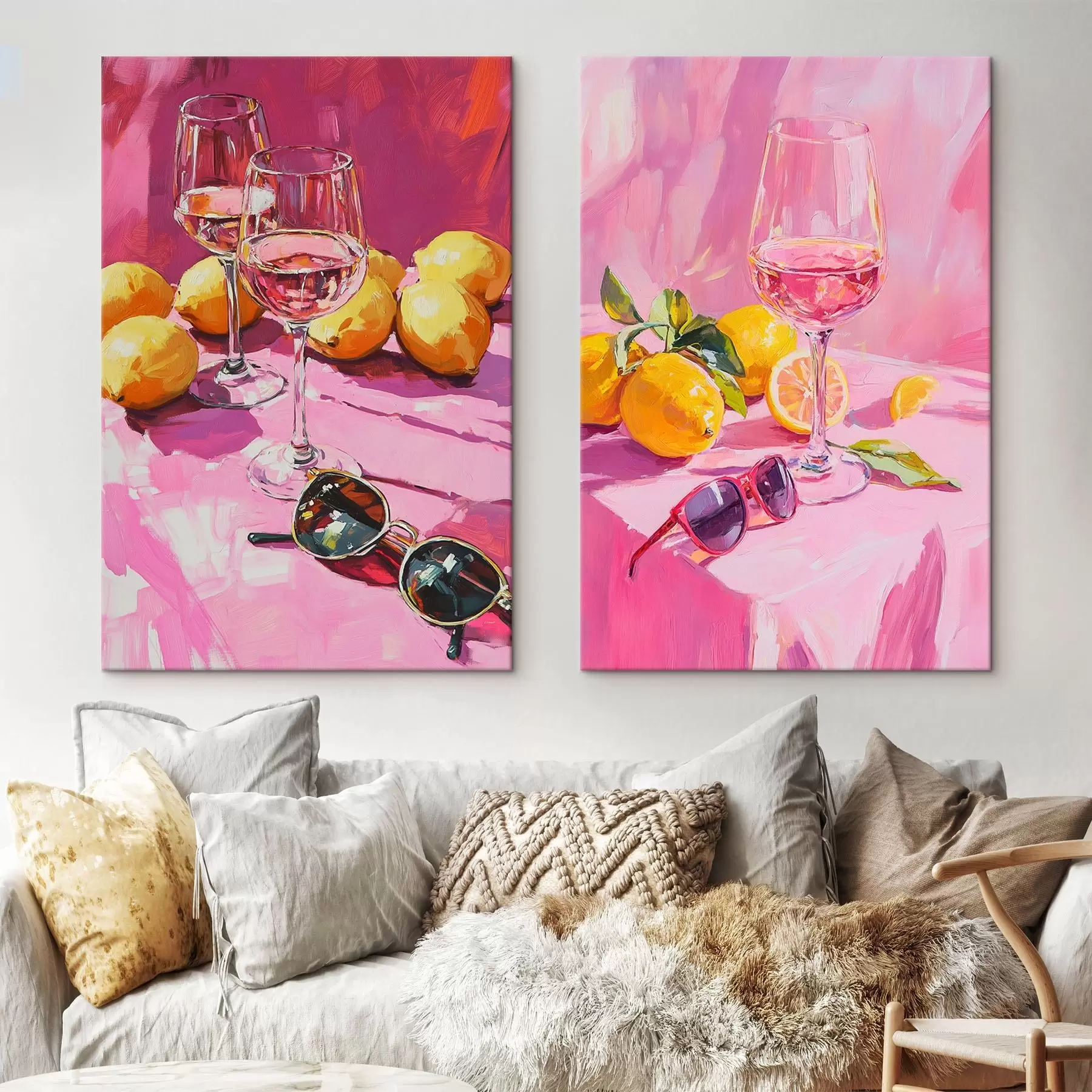 wall murals Oil style abstraction with glasses of champagne, lemons and sunglasses, pink colors m00444