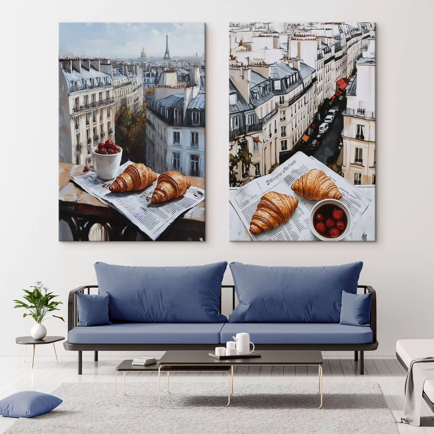 wall murals City view on a balcony in Paris, Eiffel tower, strawberries, coffee, journal m00445