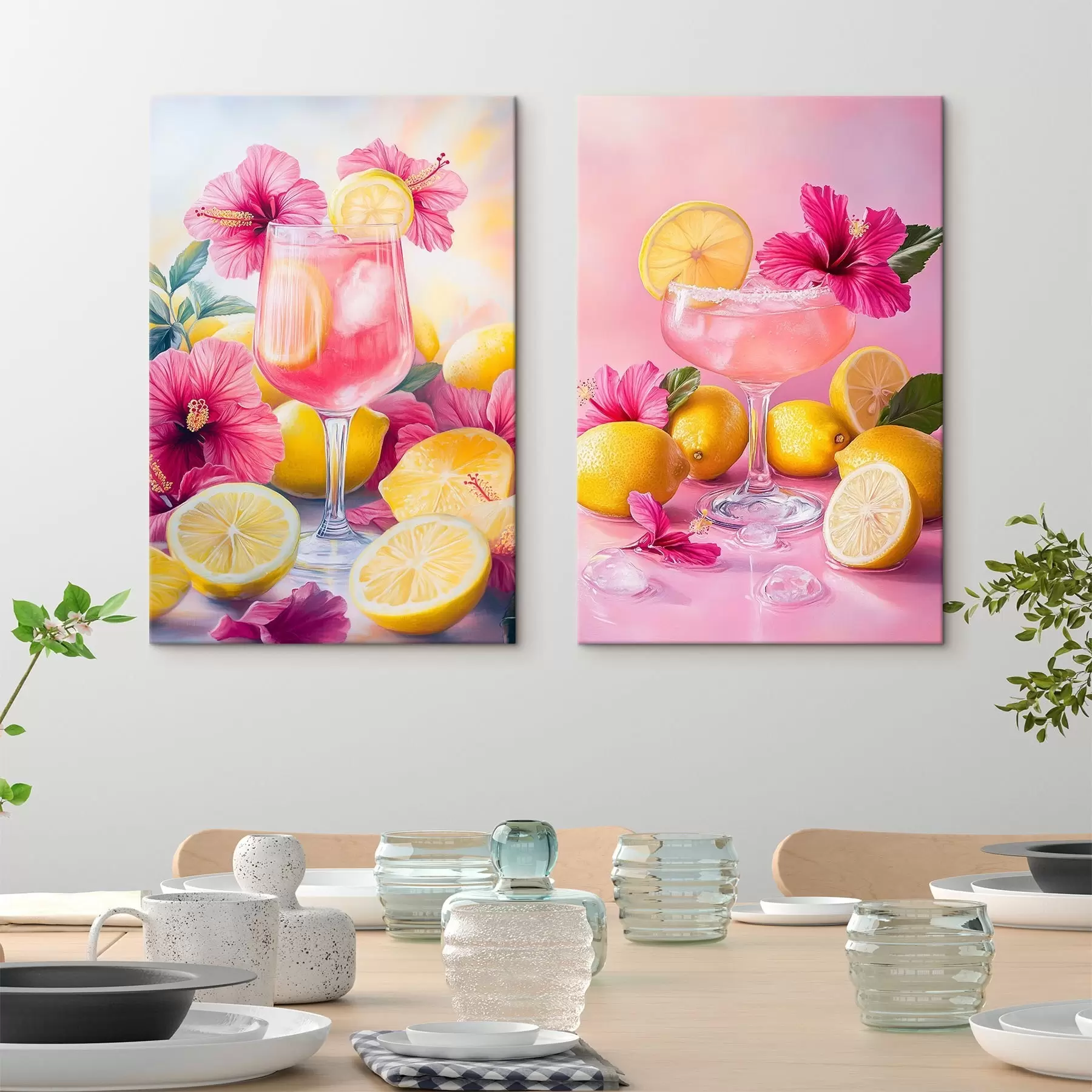 wall murals Cocktails with hibiscus flowers and lemons, summer, juicy, watercolor style m00446