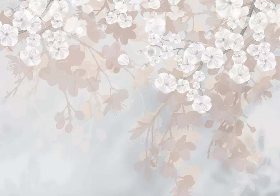 peintures murales Branches de cerisiers à fleurs blanches et feuilles grises, sur d'élégantes silhouettes florales aux couleurs pastel w08973
