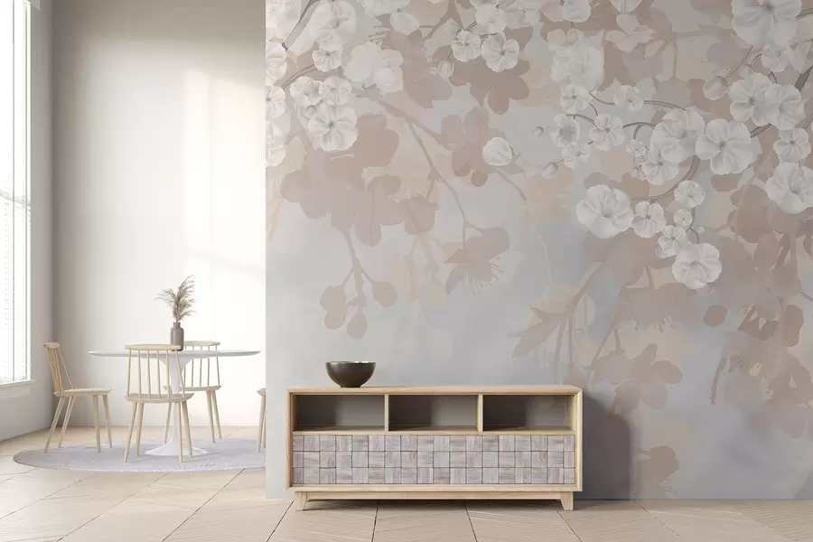 wall murals Cherry blossom branches with white flowers and grey leaves, on elegant floral silhouettes in soft pastel colors w08973