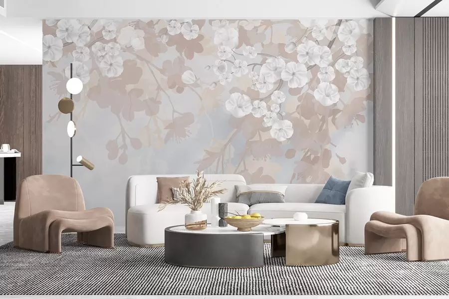 murales Ramas de cerezo en flor con flores blancas y hojas grises, sobre elegantes siluetas florales en suaves colores pastel w08973