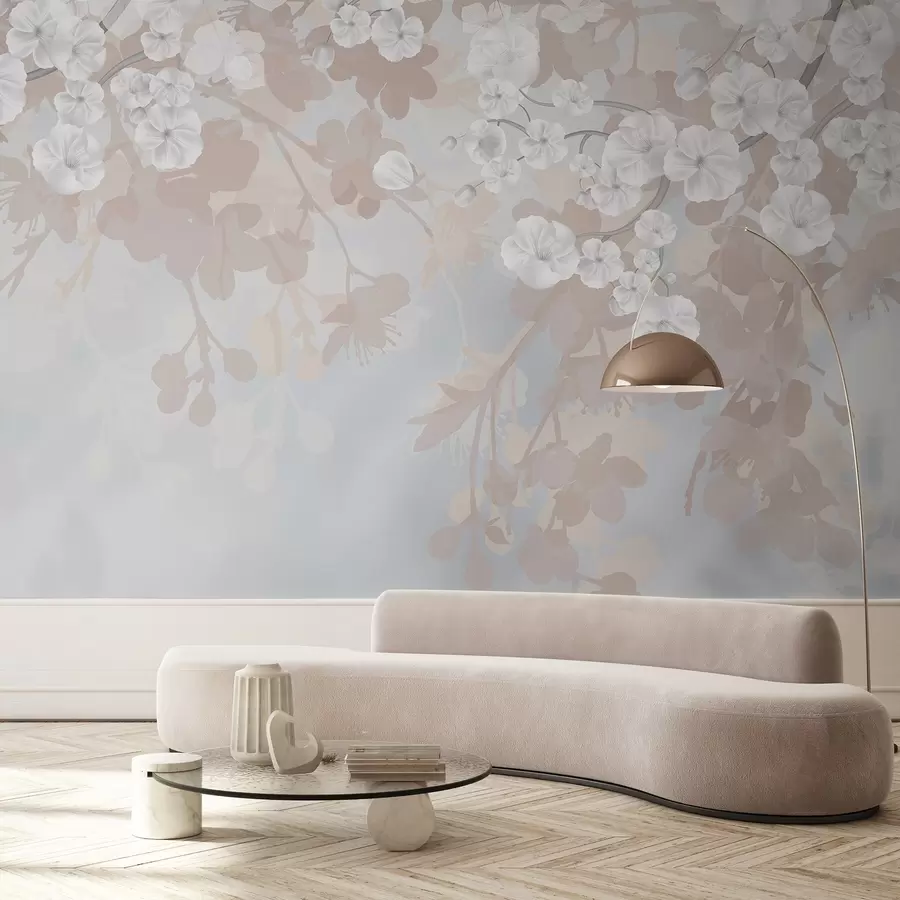 Wall Mural Photo Wallpaper Cherry blossom branches with white flowers and grey leaves, on elegant floral silhouettes in soft pastel colors w08973