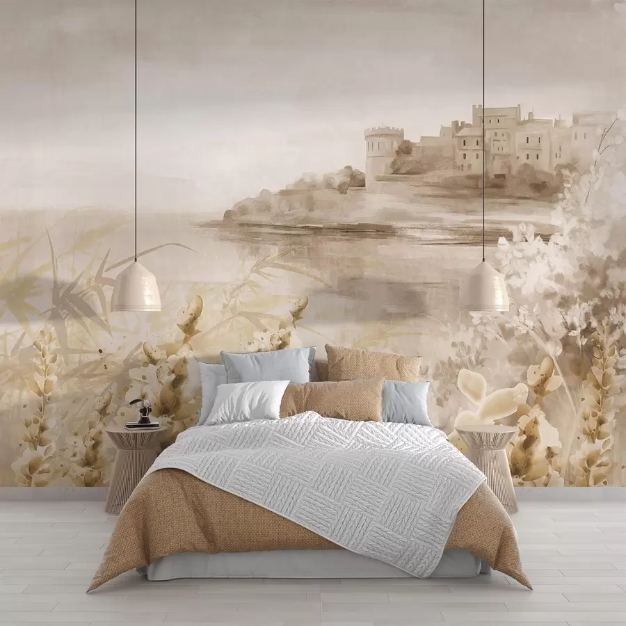 Wall Mural Photo Wallpaper Textured vintage landscape with a castle on a cliff overlooking the sea, with lavender flowers in muted colors w08975v1