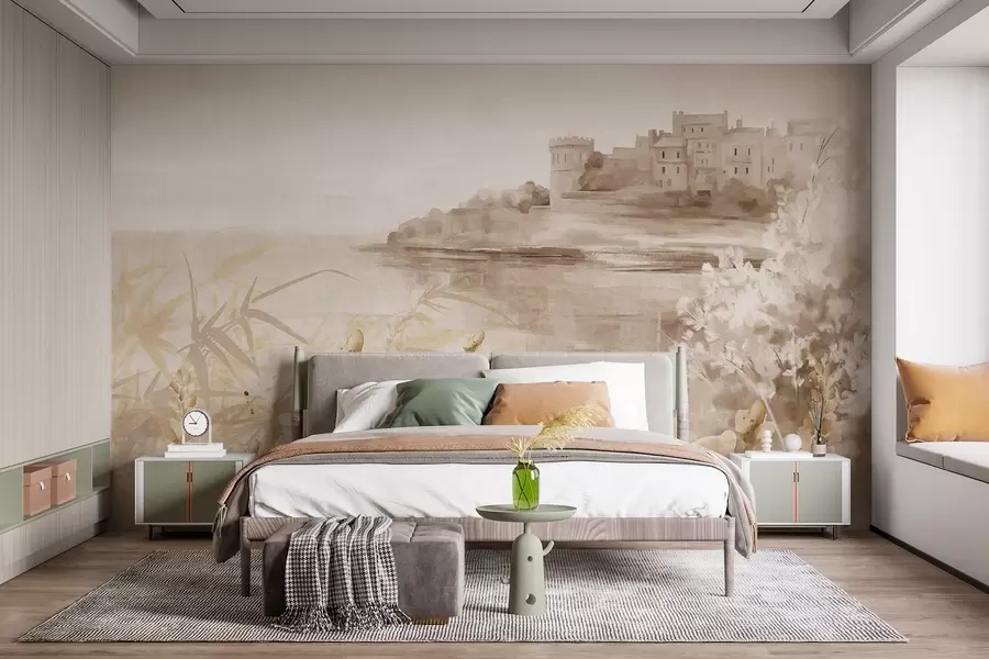 Wall Mural Photo Wallpaper Textured vintage landscape with a castle on a cliff overlooking the sea, with lavender flowers in muted colors w08975v1