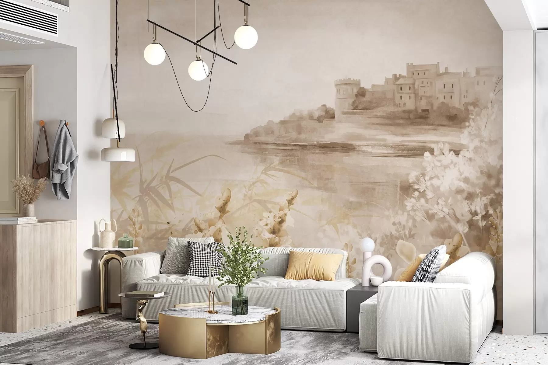 Wall Mural Photo Wallpaper Textured vintage landscape with a castle on a cliff overlooking the sea, with lavender flowers in muted colors w08975v1