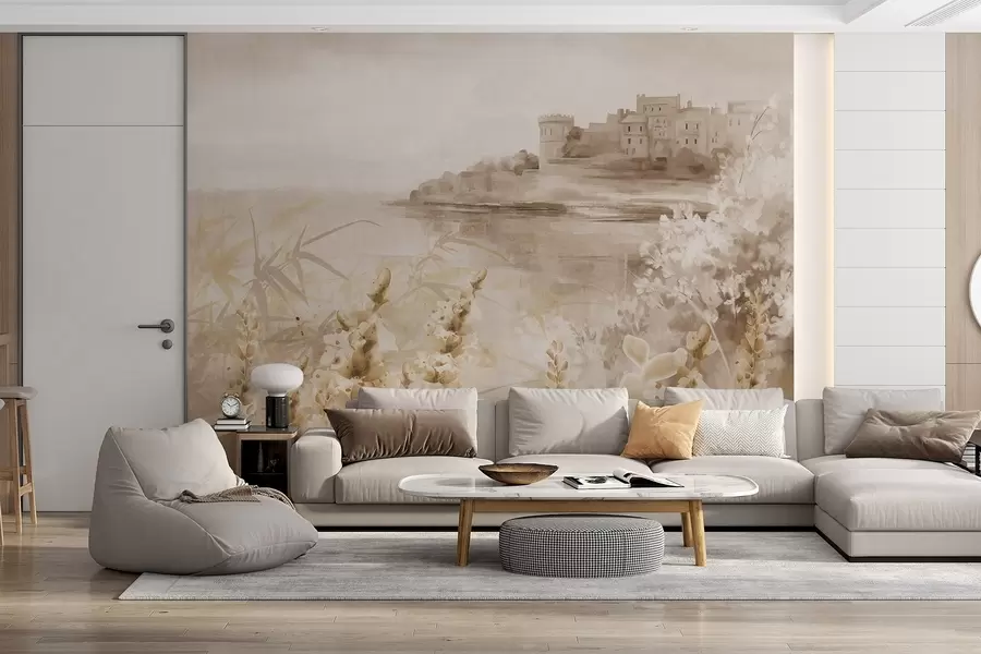 wall murals Textured vintage landscape with a castle on a cliff overlooking the sea, with lavender flowers in muted colors w08975v1