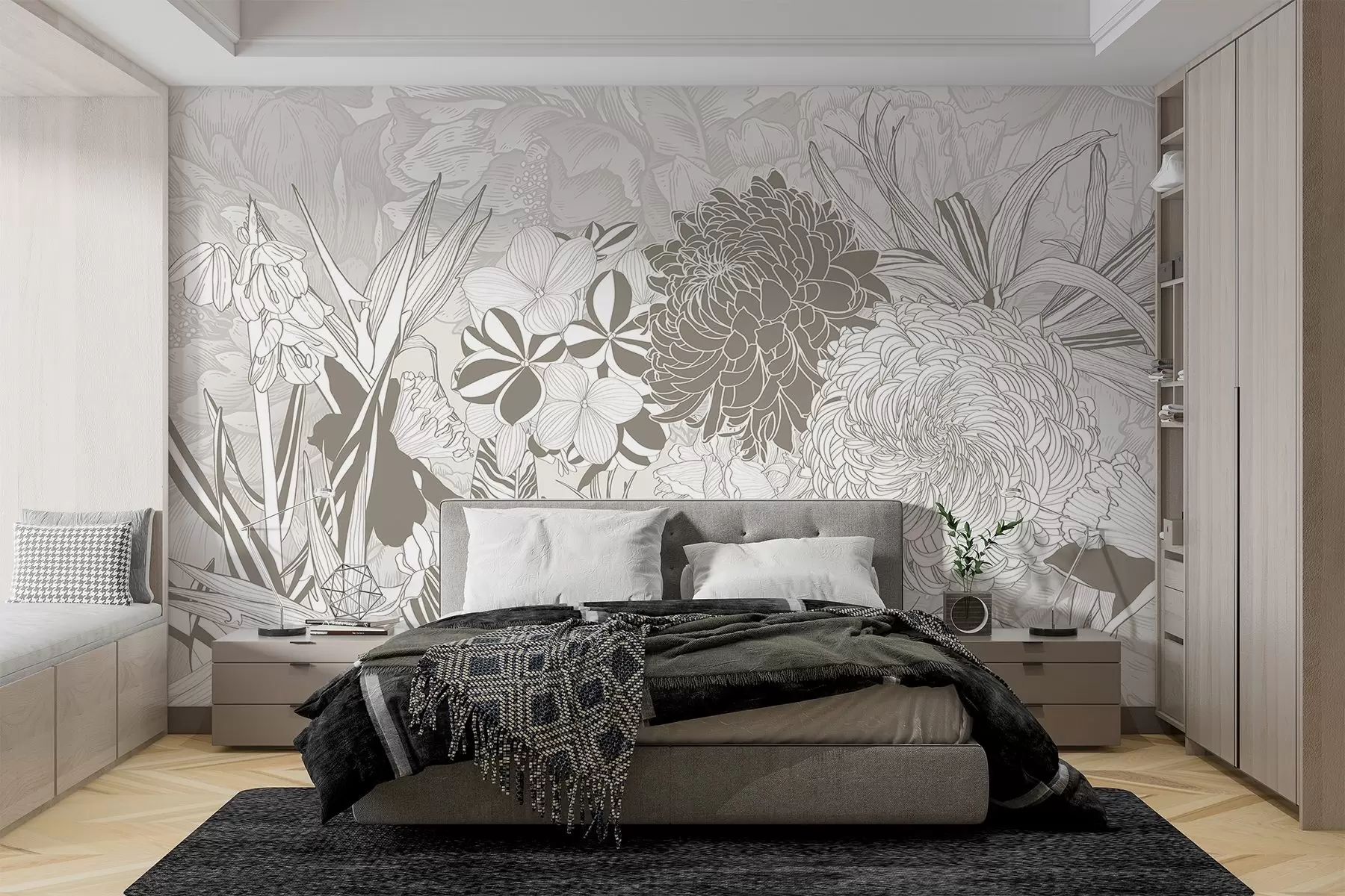 Wall Mural Photo Wallpaper Flowers and leaves in beige tones, including chrysanthemums, plumeria, and tropical foliage, botanical design w08976