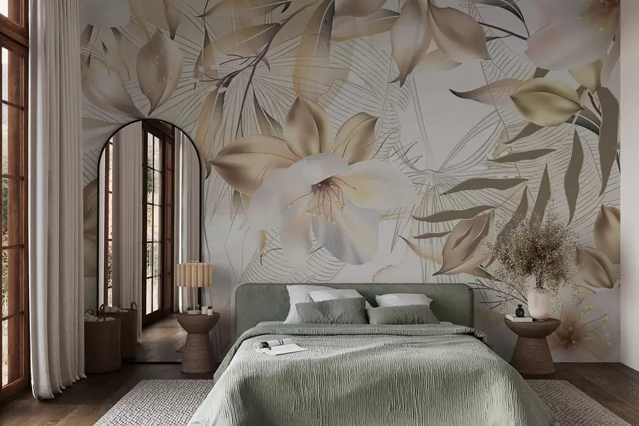 Wall Mural Photo Wallpaper Jasmine flowers and leaves, soft colors, botanical illustration, floral background , elegant design, delicate petals w08977