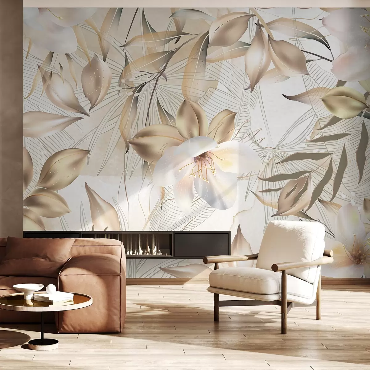 murales Flores y hojas de jazmín, colores suaves, ilustración botánica, fondo floral , diseño elegante, pétalos delicados w08977