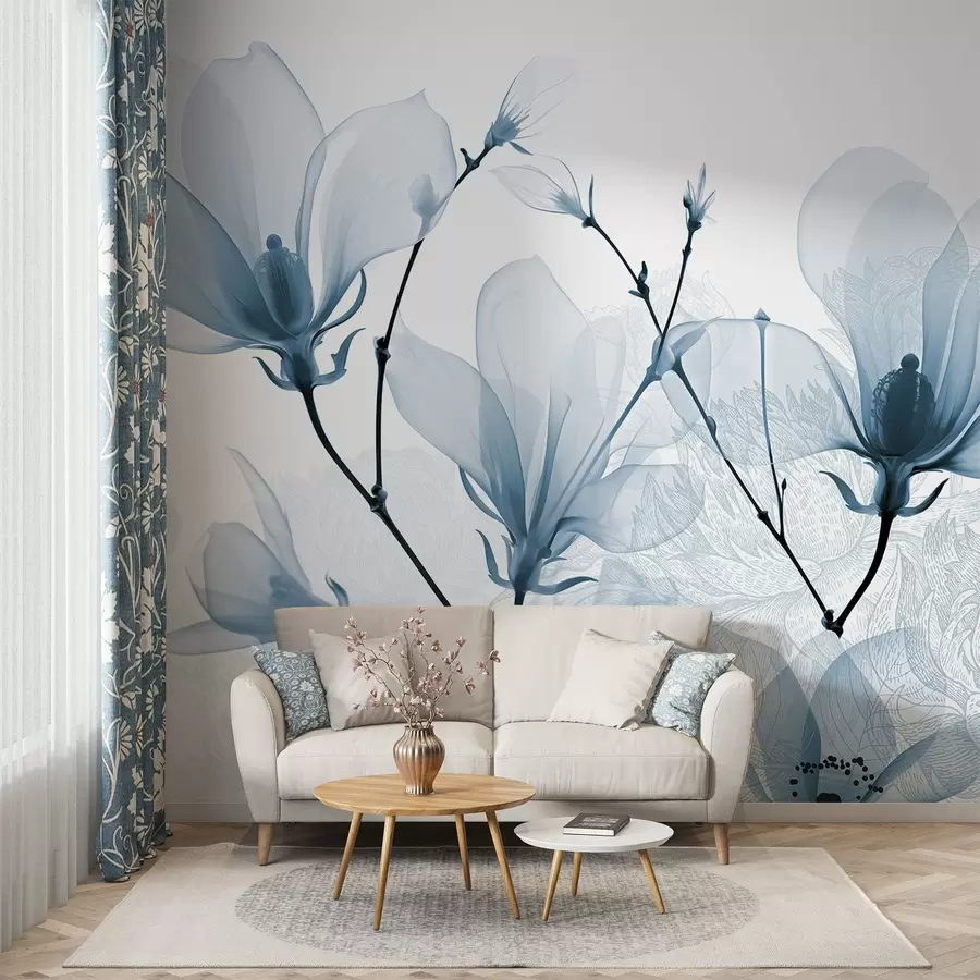 murales Flores de magnolia azul translúcido con siluetas de flores de delicados pétalos y tallos oscuros w08978