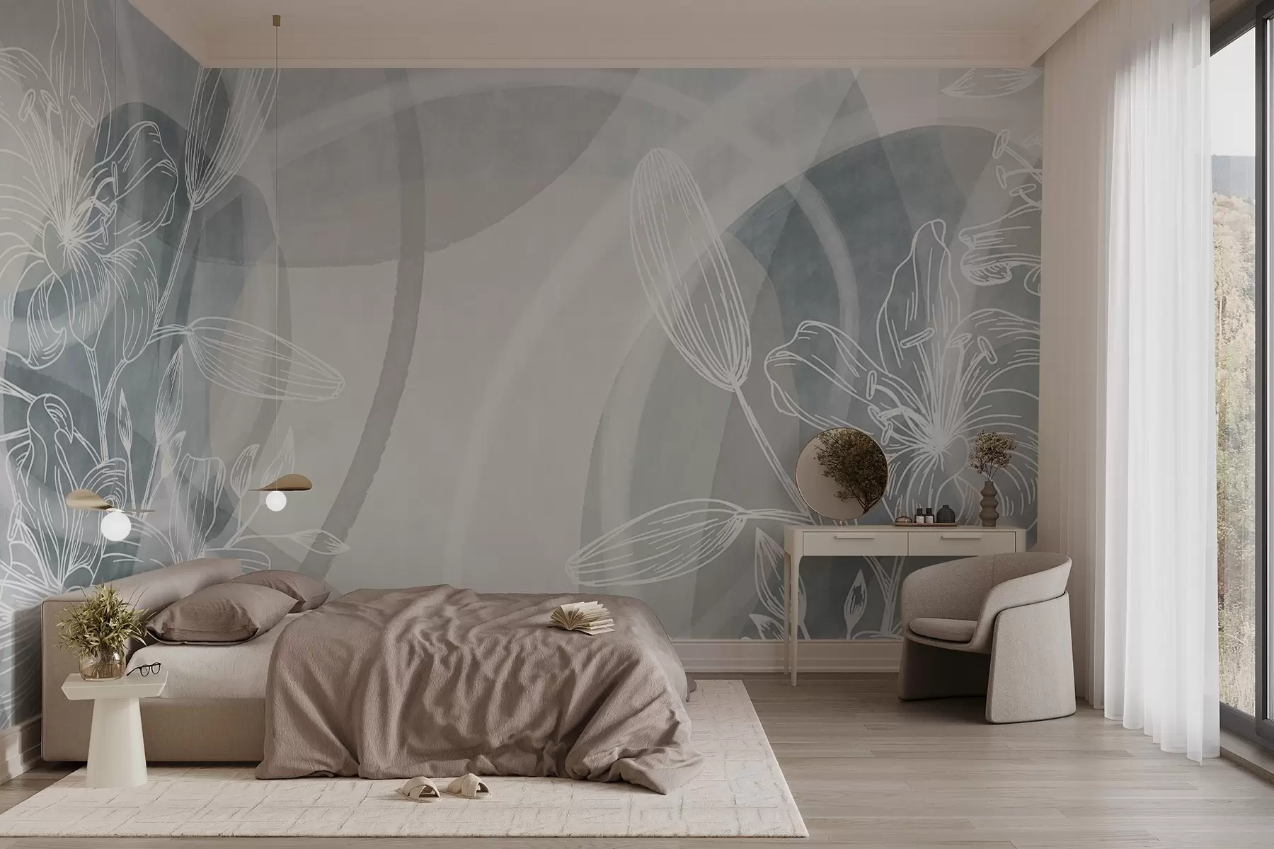 murales Diseño floral minimalista con flores y hojas blancas, círculos abstractos superpuestos en tonos grises y azules w08979