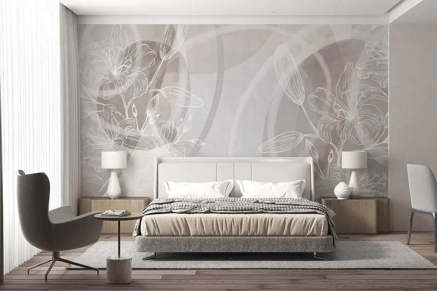 Wall Mural Photo Wallpaper Minimalist floral design with white line art flowers and leaves, overlapping abstract circles in shades of beige and blue w08979v1