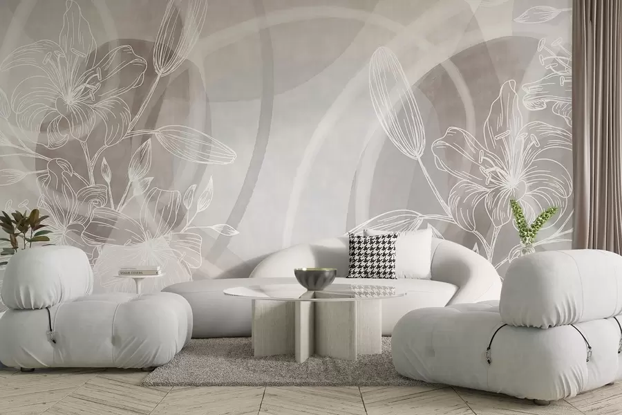 murales Diseño floral minimalista con flores y hojas blancas, círculos abstractos superpuestos en tonos beige y azul w08979v1