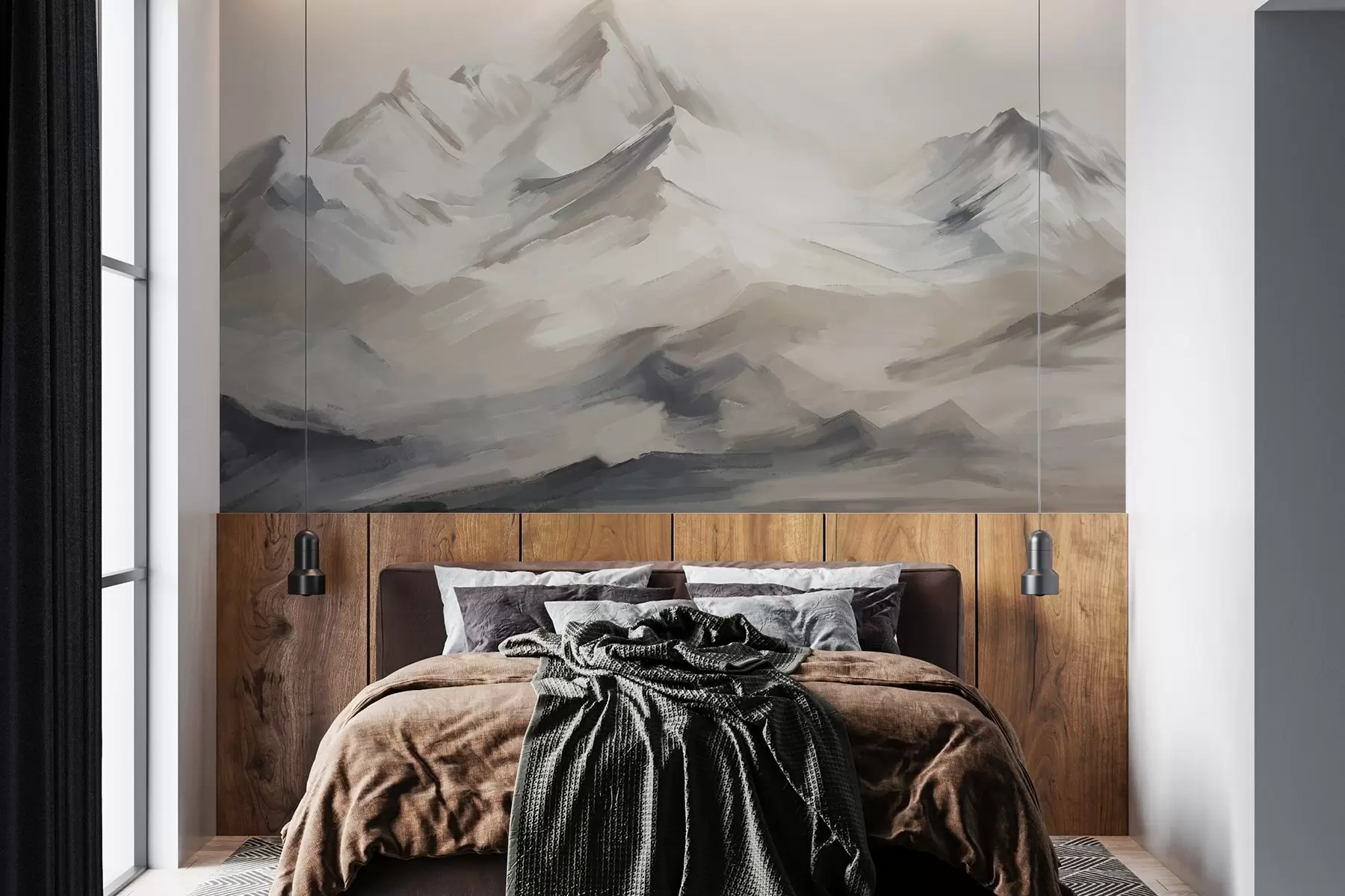 wall murals Mountains landscape with light sky, brush strokes, neutral beige and grey colors, mountain range w08980