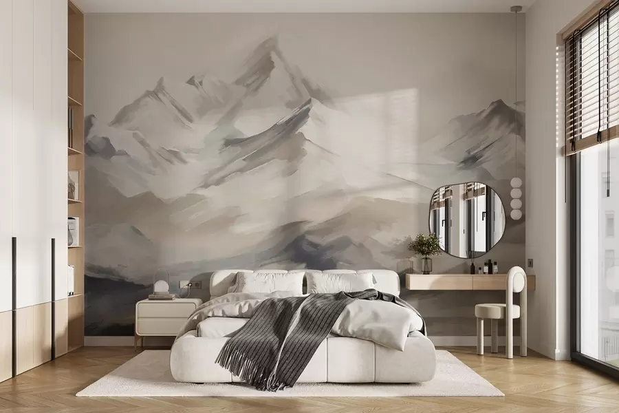 murales Paisaje de montañas con cielo claro, pinceladas, colores neutros beige y gris, cordillera w08980