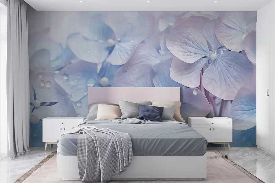 Wall Mural Photo Wallpaper Vintage textured blue and pink hydrangea flowers with water droplets on the petals, blurred pink background w08981
