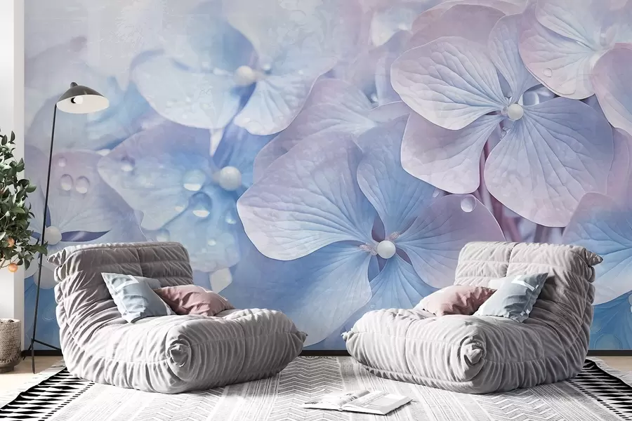 peintures murales Fleurs d'hortensia vintage texturées bleues et roses avec des gouttes d'eau sur les pétales, fond rose flou w08981