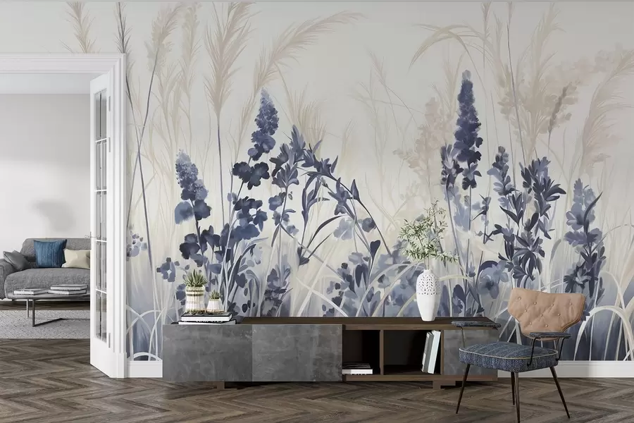 Wall Mural Photo Wallpaper Blue flowers and beige reeds in a field, minimalistic painting texture, light background, soft colors, delicate brushstrokes  w08982