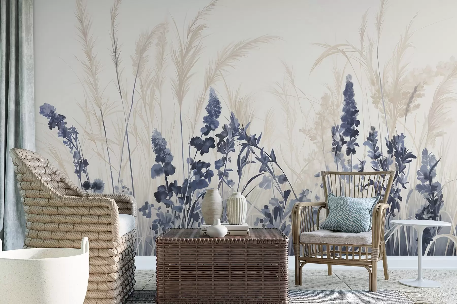 wall murals Blue flowers and beige reeds in a field, minimalistic painting texture, light background, soft colors, delicate brushstrokes w08982