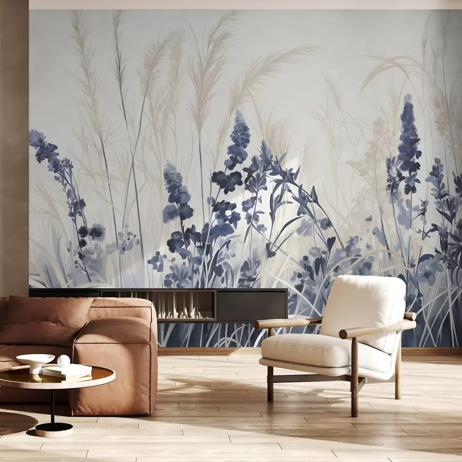 Wall Mural Photo Wallpaper Blue flowers and beige reeds in a field, minimalistic painting texture, light background, soft colors, delicate brushstrokes  w08982