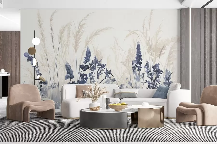 Wall Mural Photo Wallpaper Blue flowers and beige reeds in a field, minimalistic painting texture, light background, soft colors, delicate brushstrokes  w08982