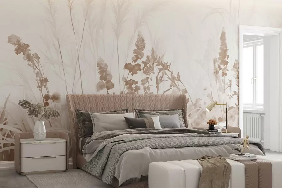 Wall Mural Photo Wallpaper Brown flowers and beige reeds in a field, minimalistic painting texture, light background, soft colors, delicate brushstrokes  w08982v1