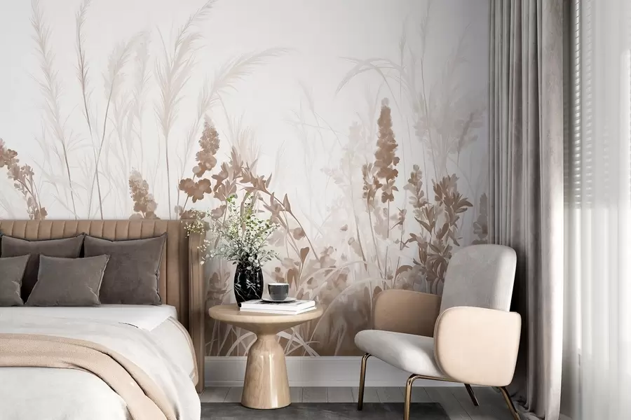 murales Flores marrones y juncos beige en un campo, textura de pintura minimalista, fondo claro, colores suaves, pinceladas delicadas w08982v1