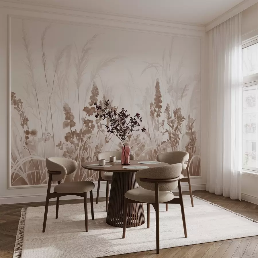 Wall Mural Photo Wallpaper Brown flowers and beige reeds in a field, minimalistic painting texture, light background, soft colors, delicate brushstrokes  w08982v1