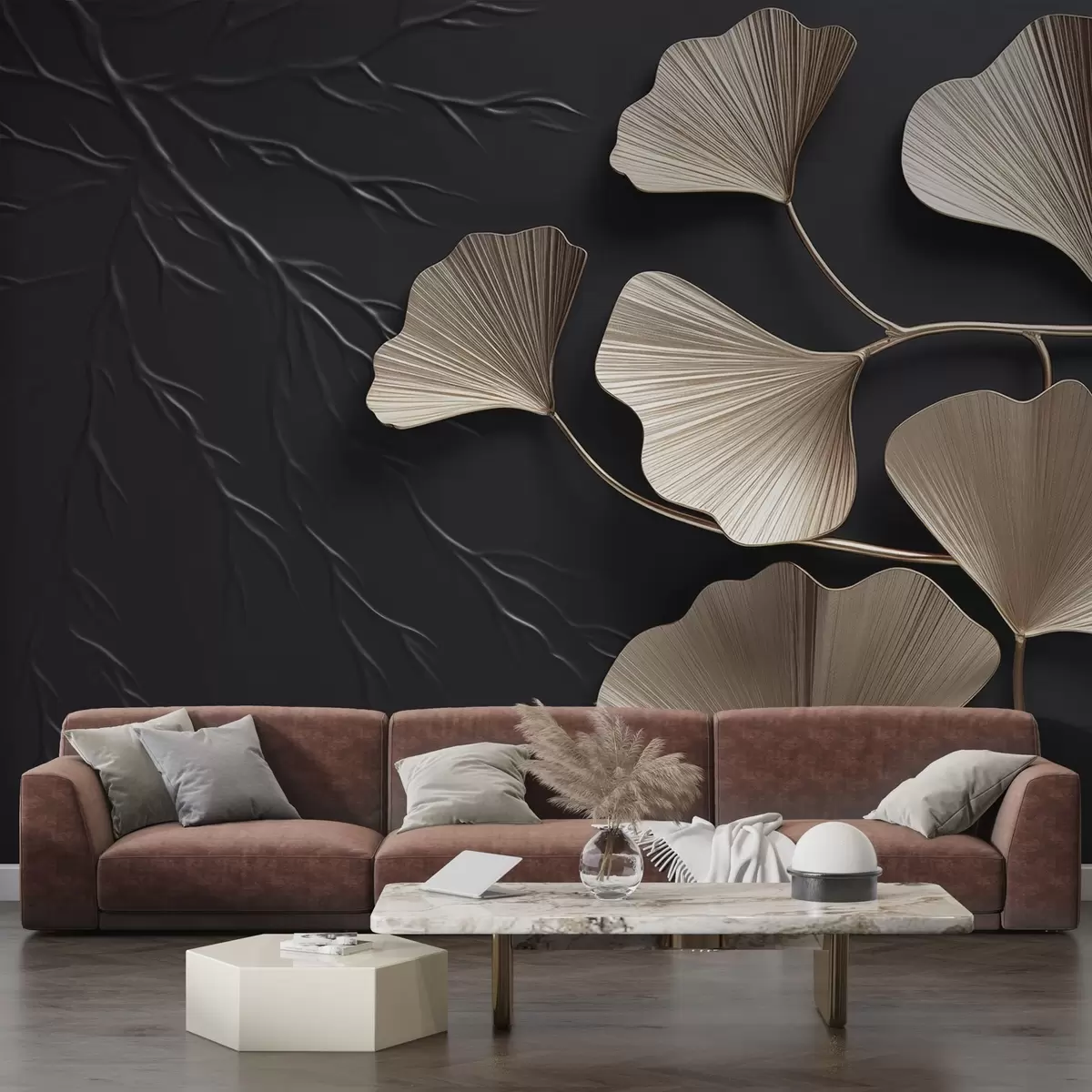 Wall Mural Photo Wallpaper Volumetric foliage on a dark wall with branches w03650