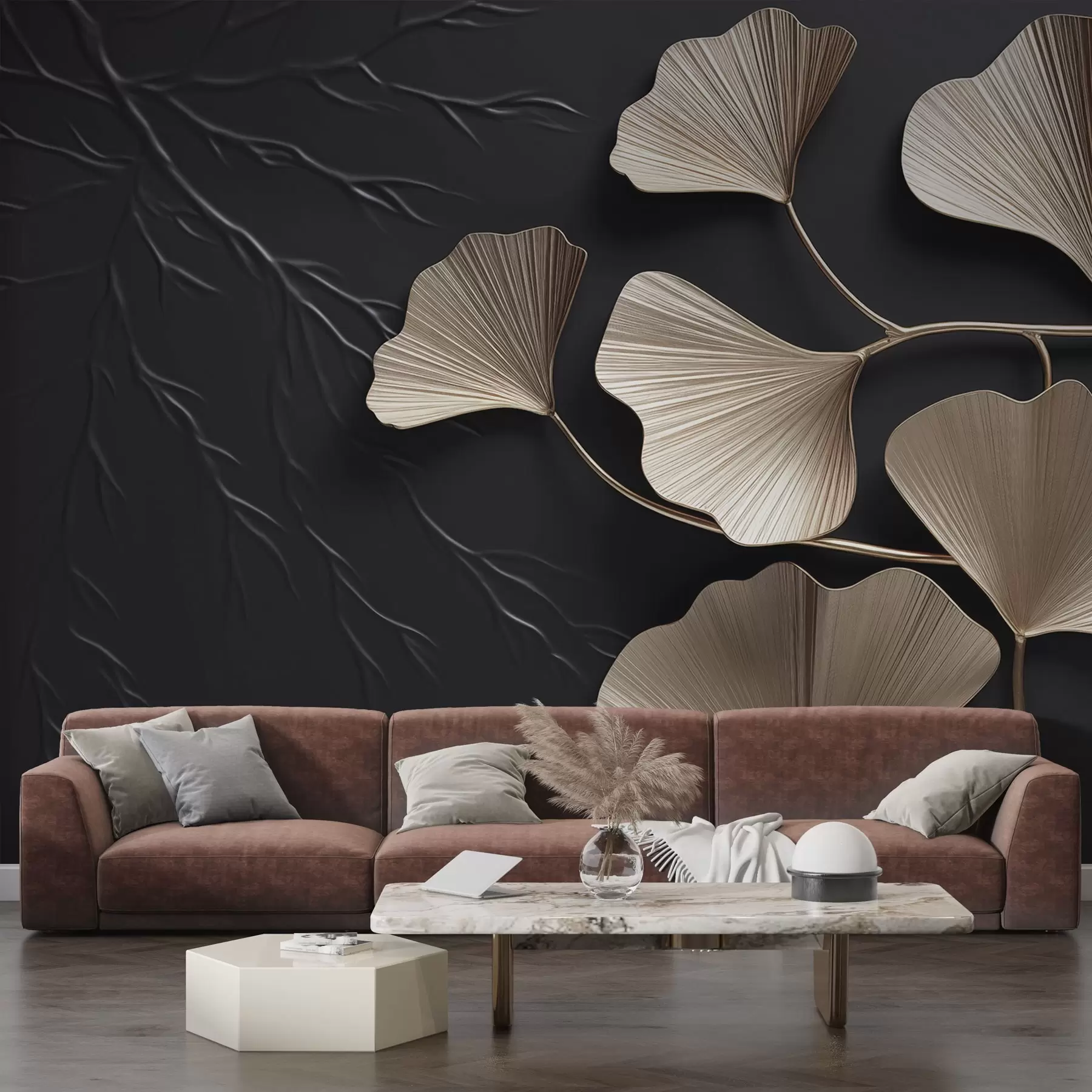 Wall Mural Photo Wallpaper Volumetric foliage on a dark wall with branches w03650