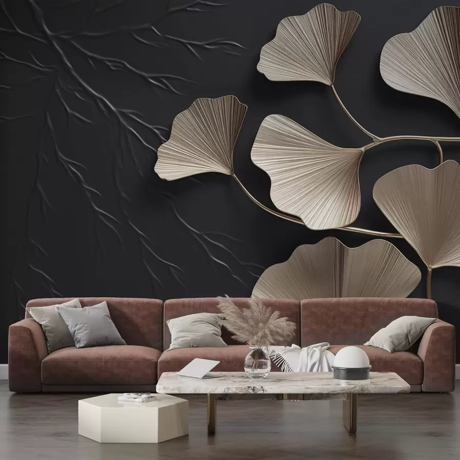 Wall Mural Photo Wallpaper Volumetric foliage on a dark wall with branches w03650