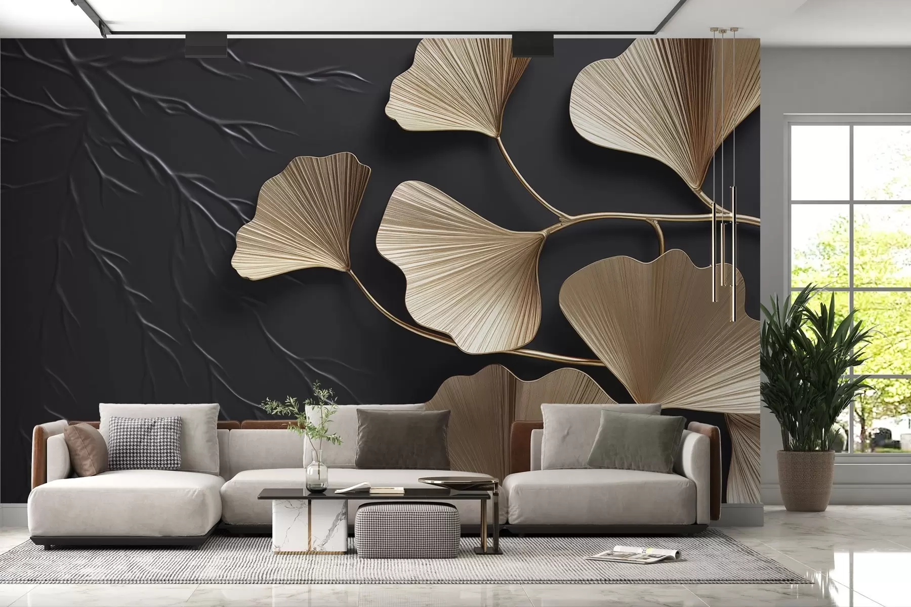peintures murales Feuillage volumétrique sur un mur sombre w03650v1