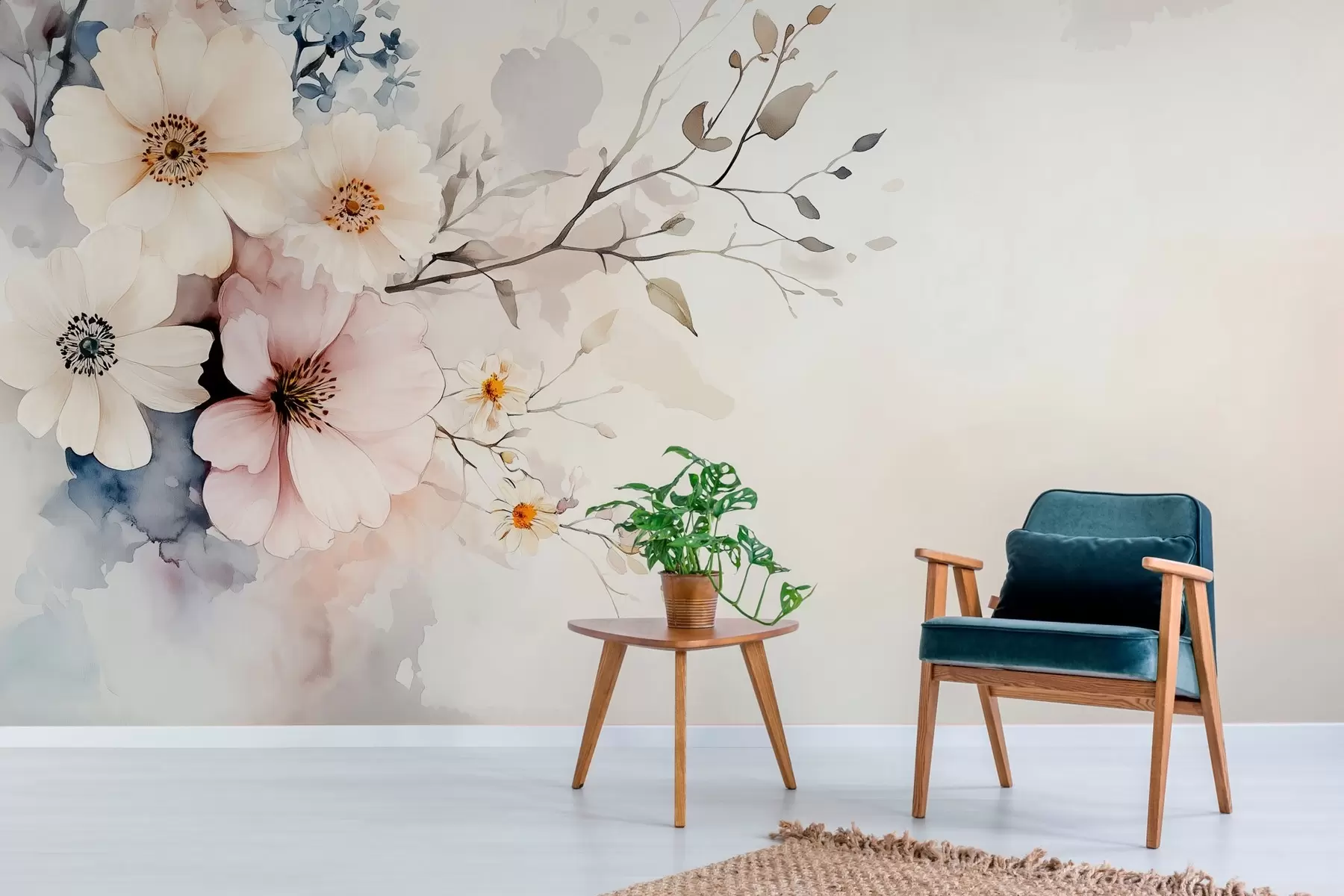 wall murals delicate flowers and a branch in watercolor style w03400