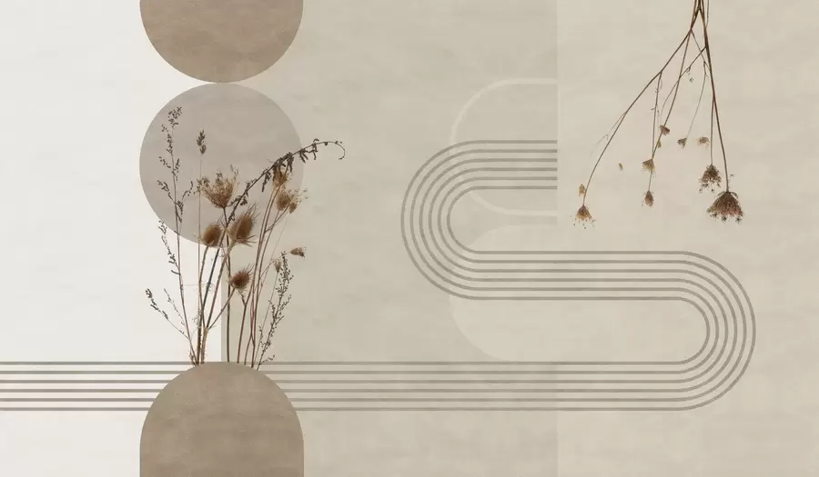 wall murals stylish geometry and dried flowers in beige tones w03449