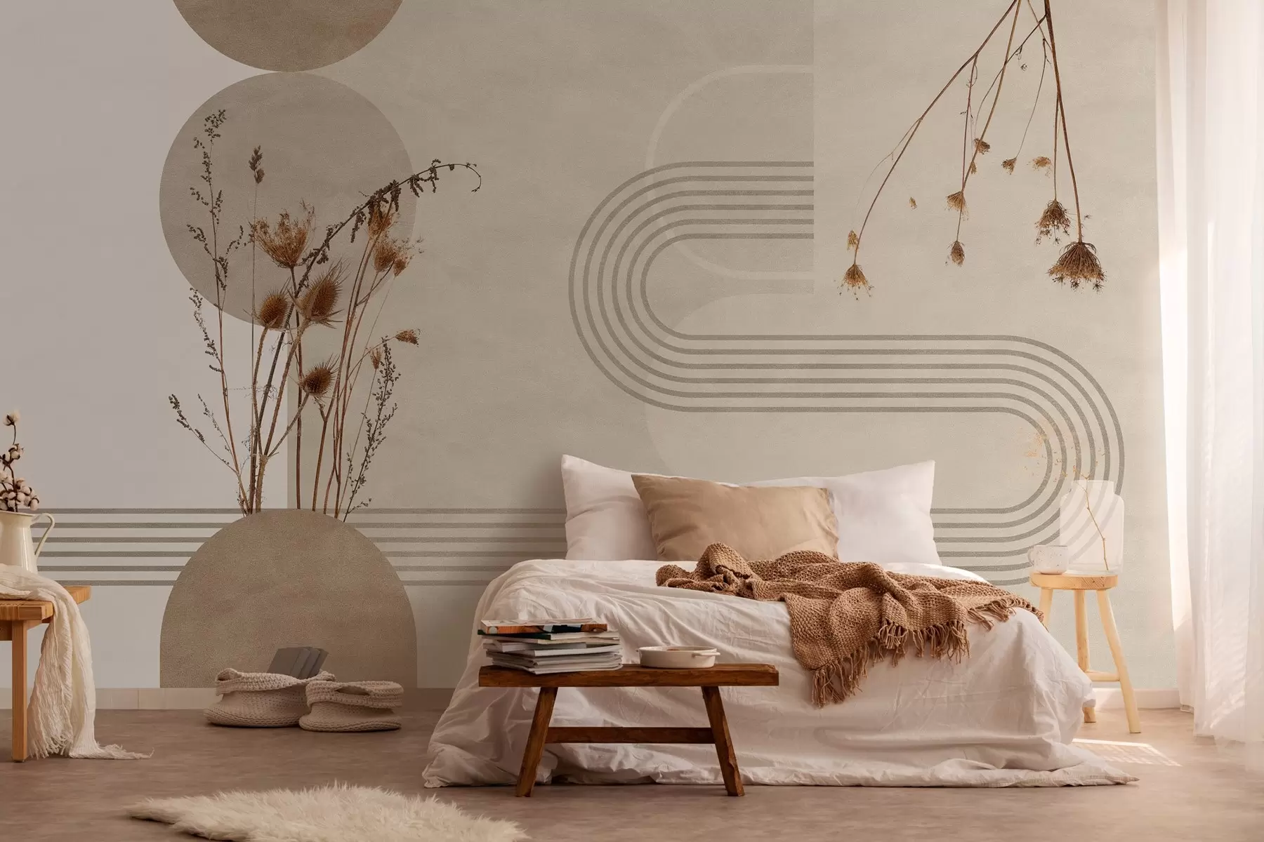 Wall Mural Photo Wallpaper stylish geometry and dried flowers in beige tones w03449
