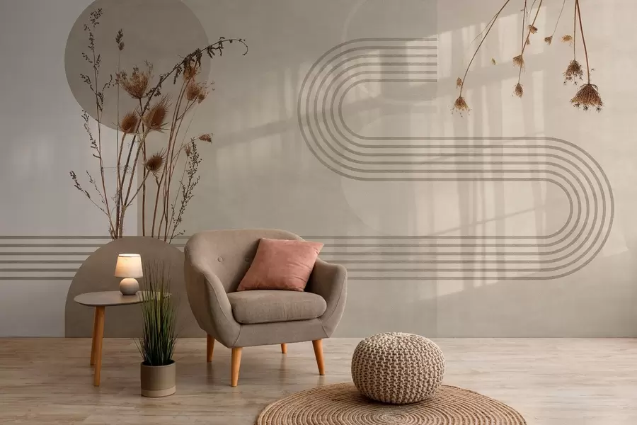 murales geometría elegante y flores secas en tonos beige w03449