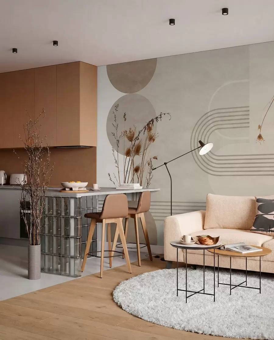 wall murals stylish geometry and dried flowers in beige tones w03449