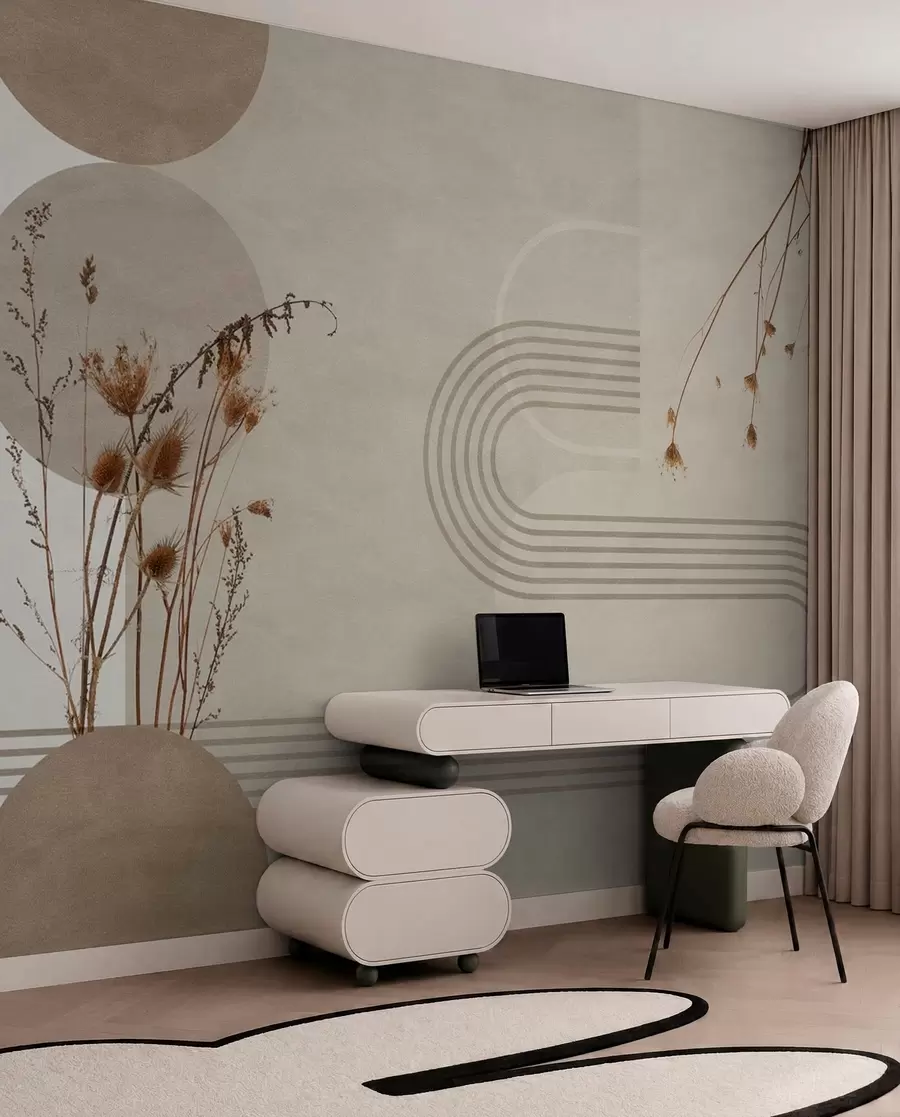 peintures murales géométrie élégante et fleurs séchées dans les tons beiges w03449