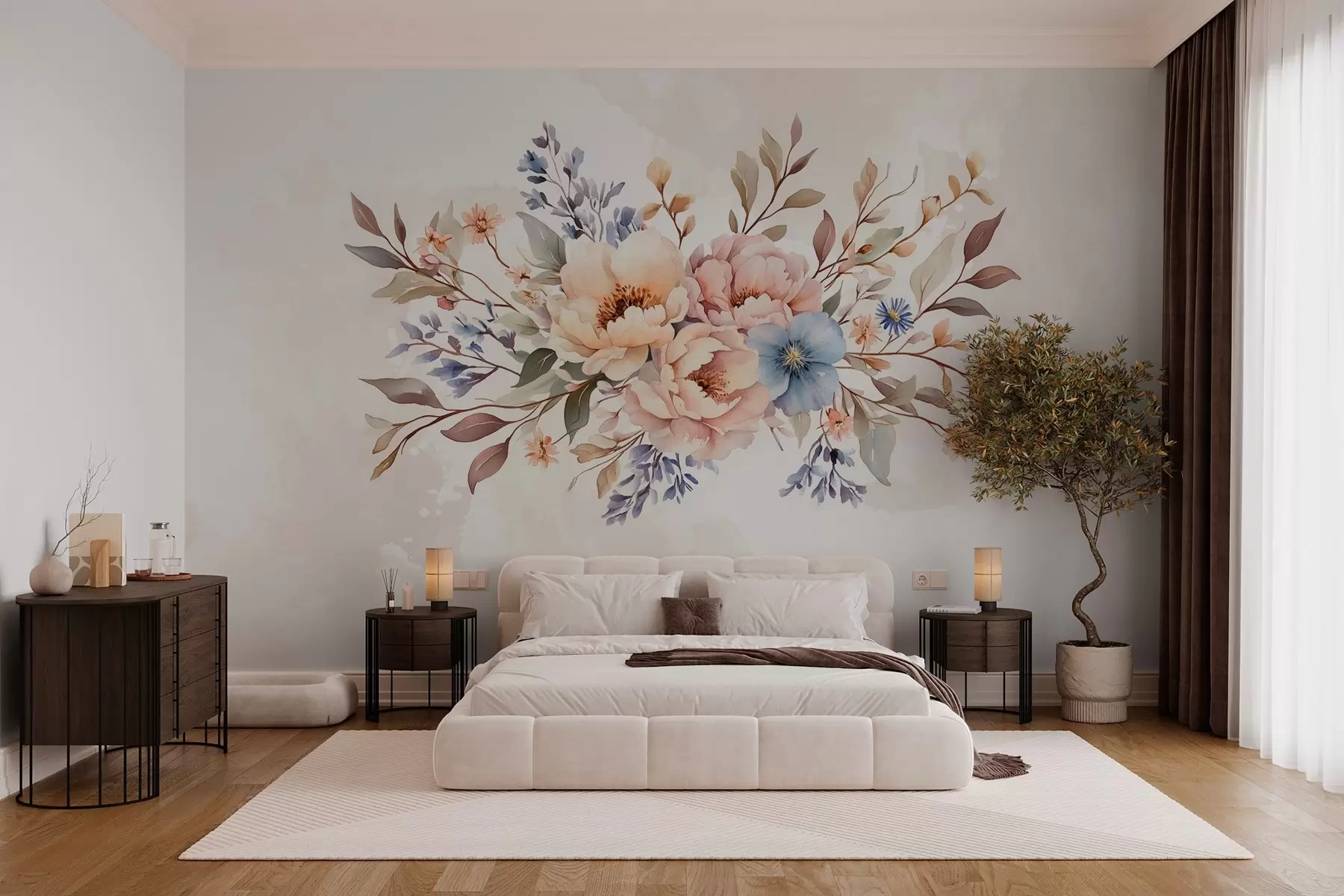 wall murals a bouquet of flowers in watercolor style in beige tones w03613
