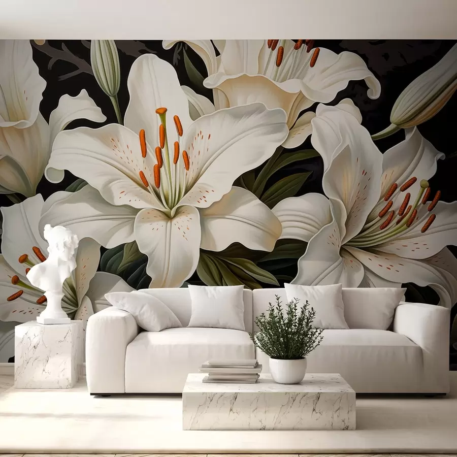 murales Elegantes flores blancas grandes sobre fondo oscuro w08983