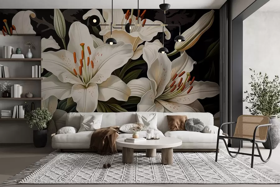 murais de parede Flores brancas grandes e elegantes sobre um fundo escuro w08983